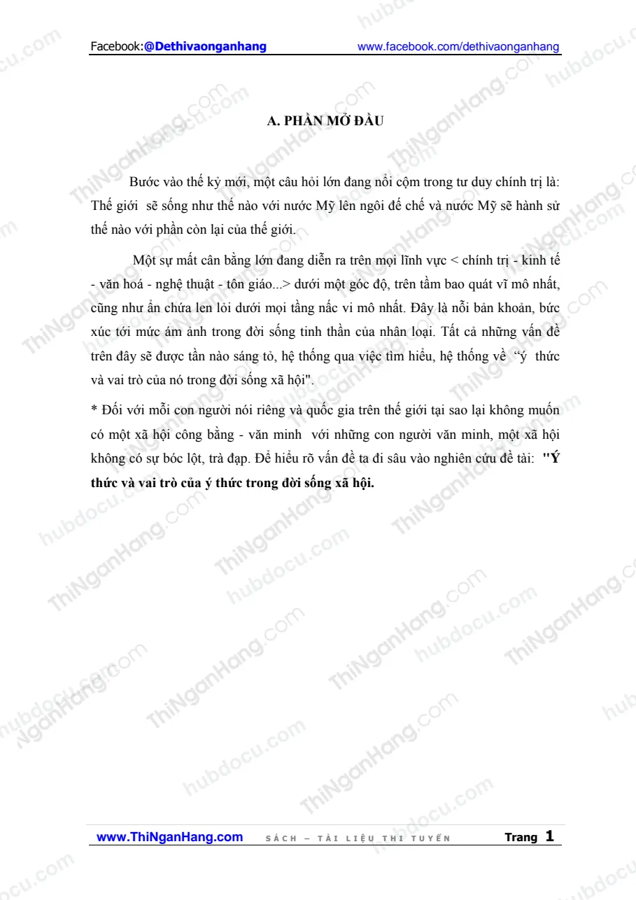 Tiểu luận - Ý thức và vai trò của ý thức trong đời sống xã hội.
