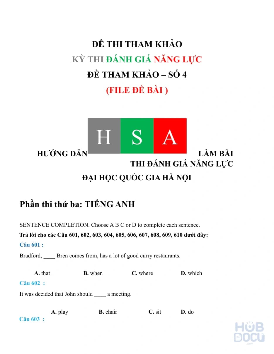 Đánh giá năng lực (HSA) Đề 4 - Tiếng Anh (HS)