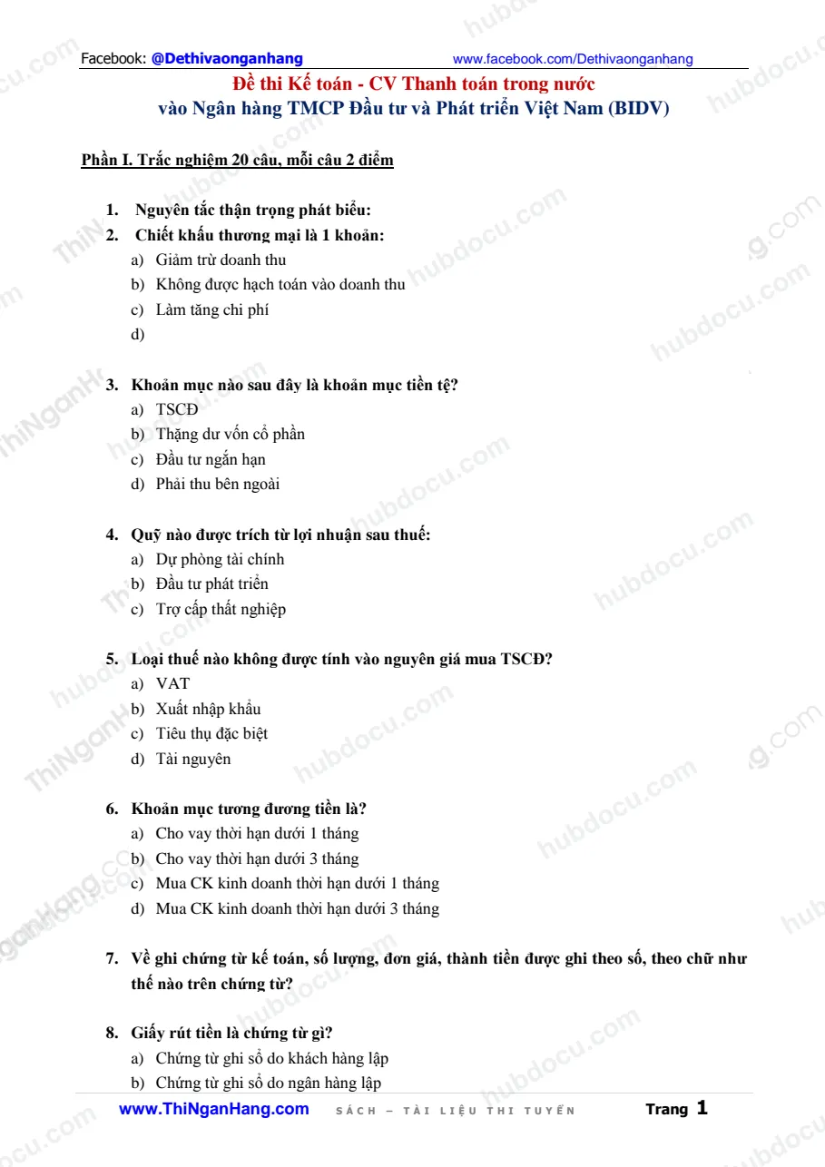 Đề thi Kế toán - CV Thanh toán trong nước BIDV 2013
