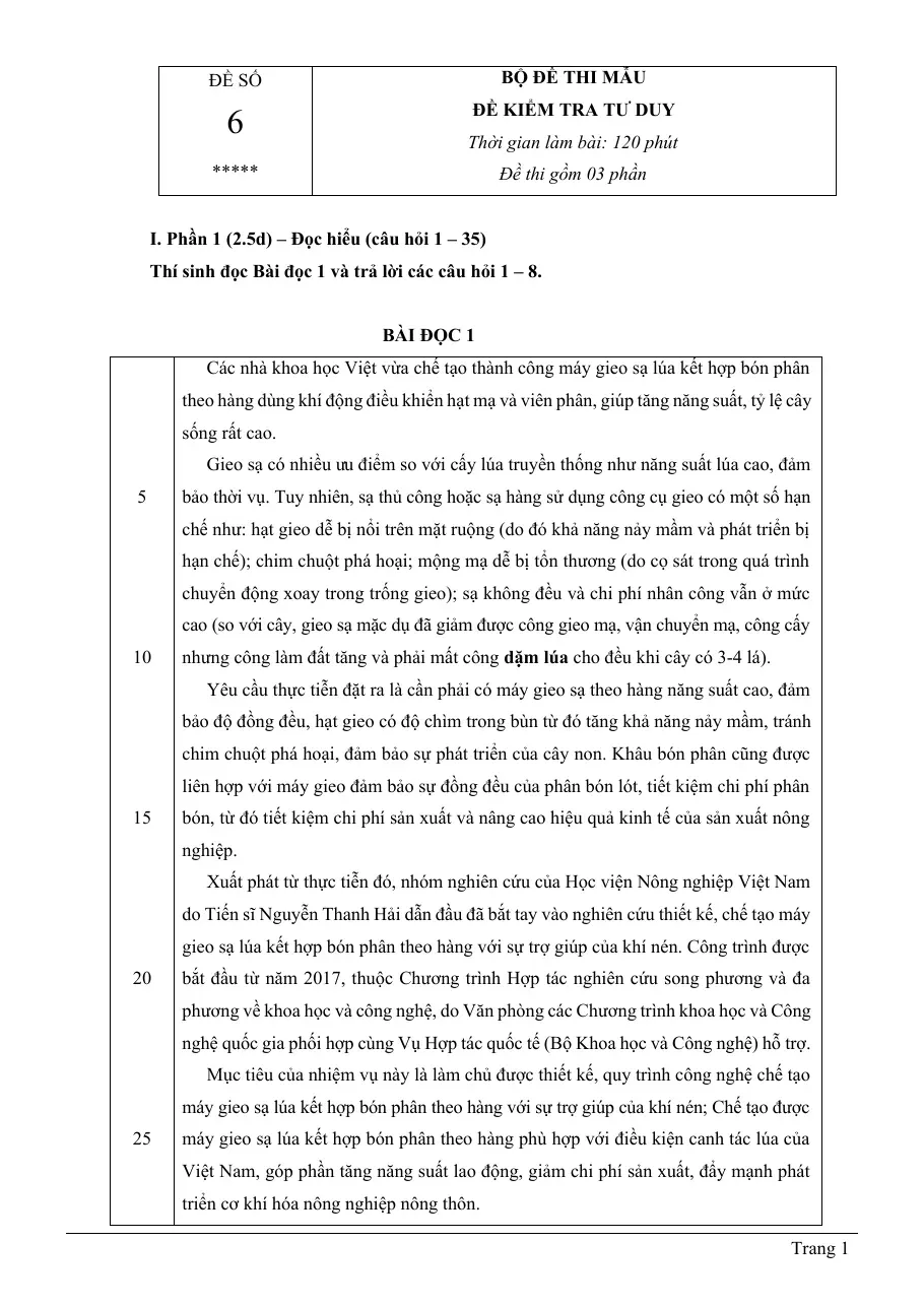 Đề kiểm tra tư duy (Đề số 6) (Đề số 6)