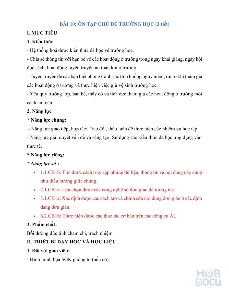 Giáo án tích hợp NLS - Bài 10.Ôn tập chủ Đề Trường học