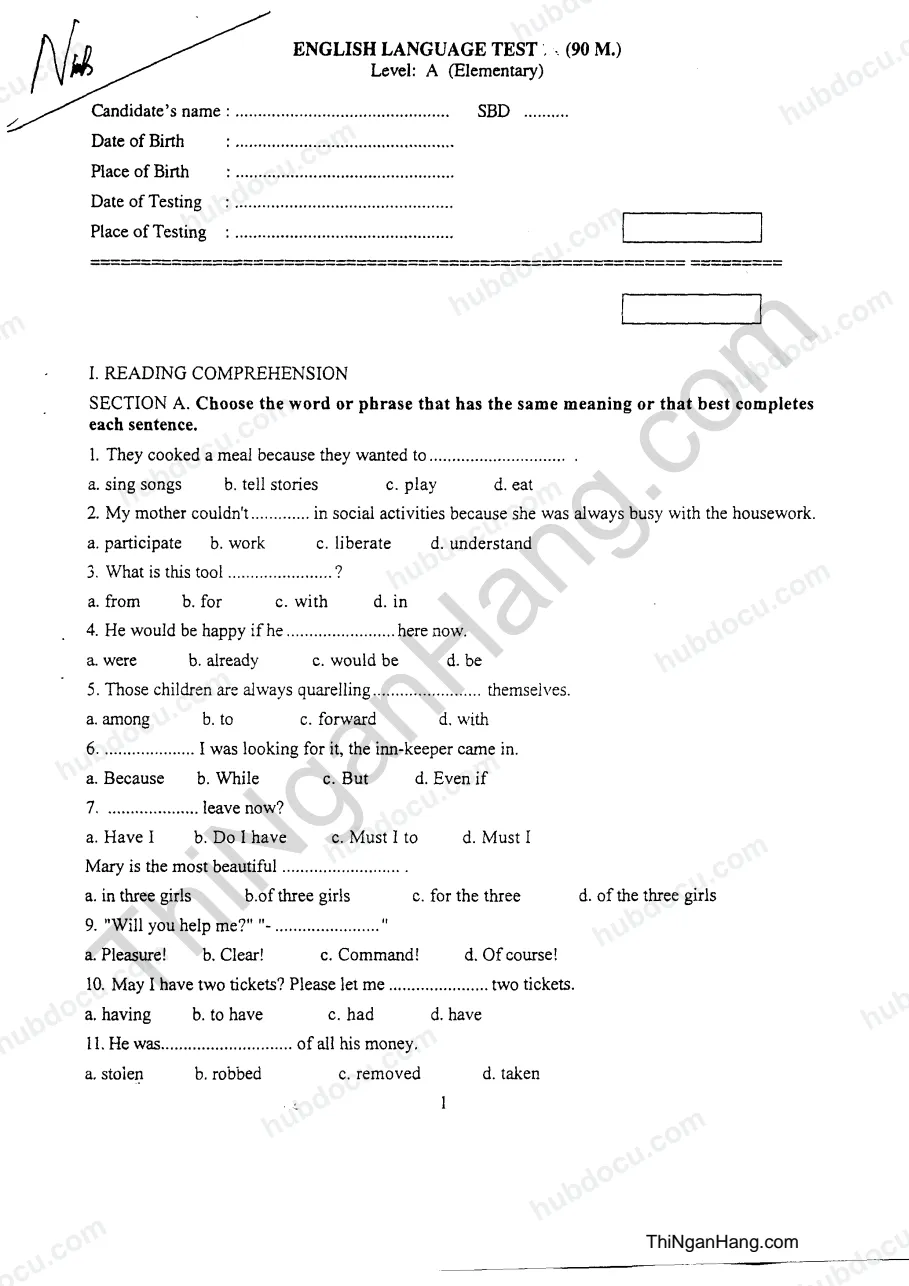 Đề số 1 - Thi Anh Văn Công chức Kho bạc Nhà nước 2005