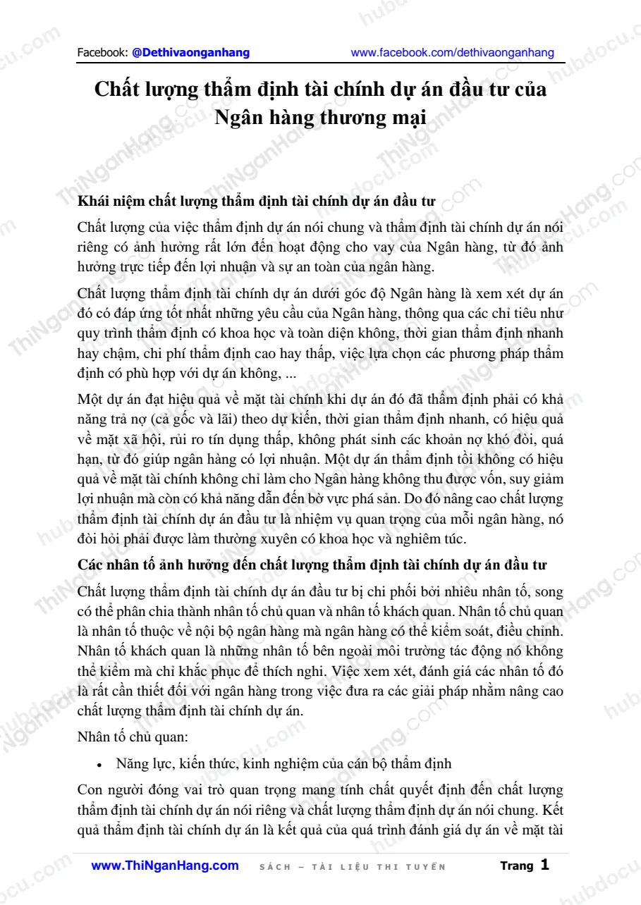 Chất lượng thẩm định tài chính dự án đầu tư của Ngân hàng thương mại