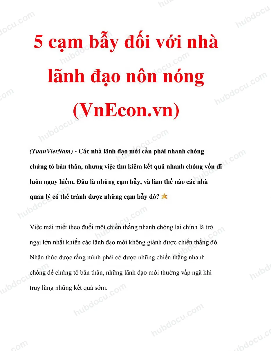 5 cạm bẫy đối với Nhà lãnh đạo nôn nóng