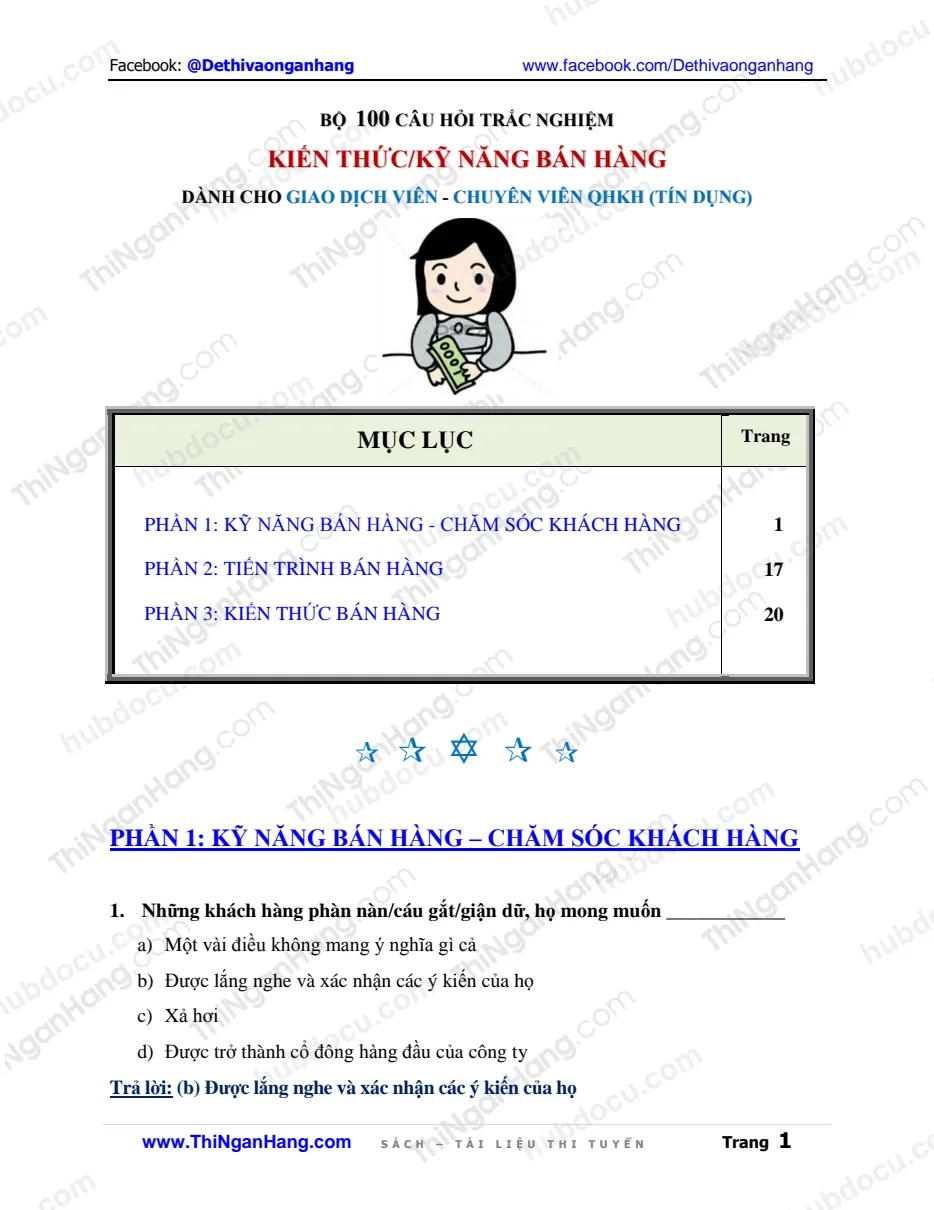 Bộ 100 câu trắc nghiệm Kiến thức - Kỹ năng bán hàng dành cho Giao dịch viên-Tín dụng