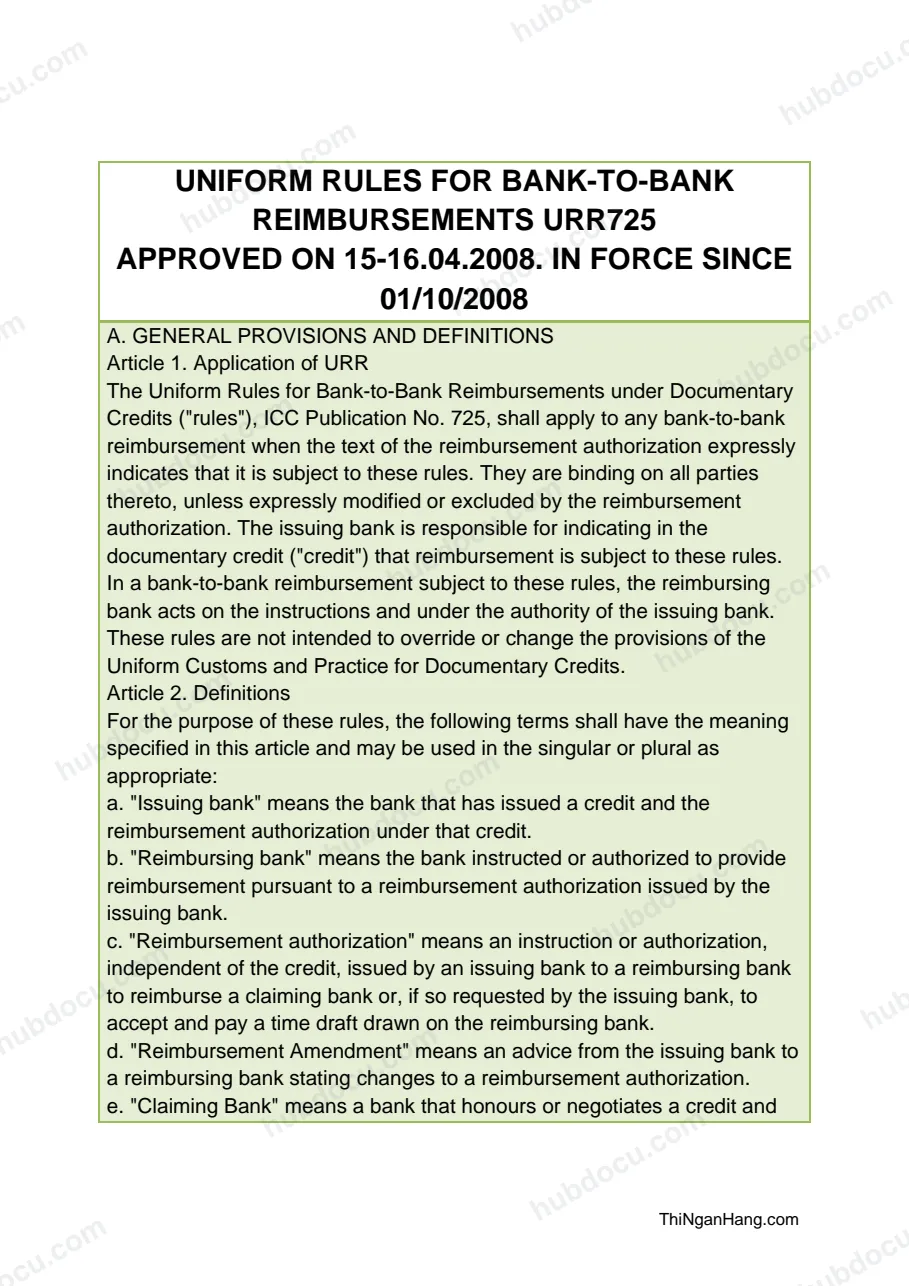 URR 725 - Uniform Rules for Bank-to-Bank Reimbursements