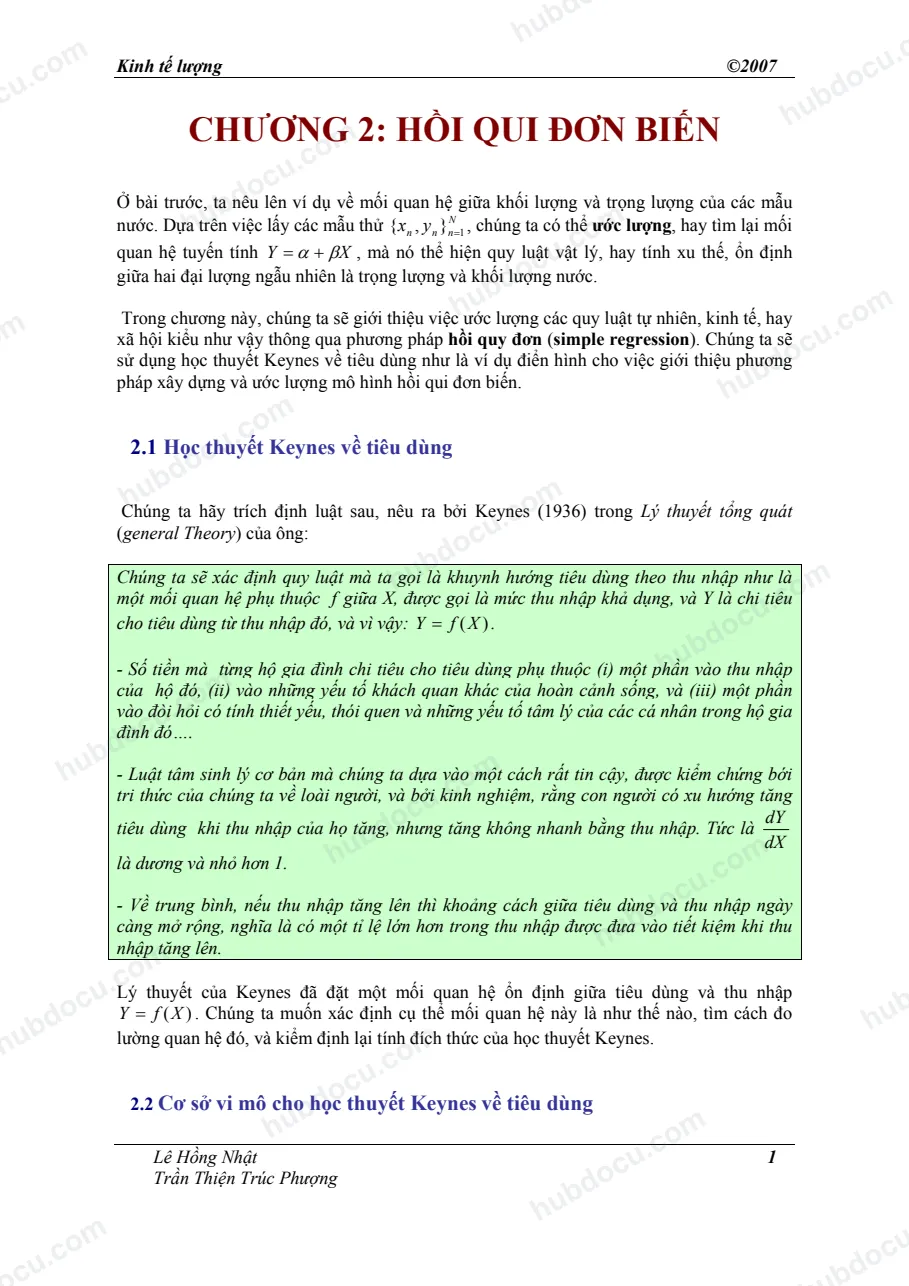Chương 2. Hồi quy đơn biến (1) - Bài giảng kinh tế lượng ứng dụng