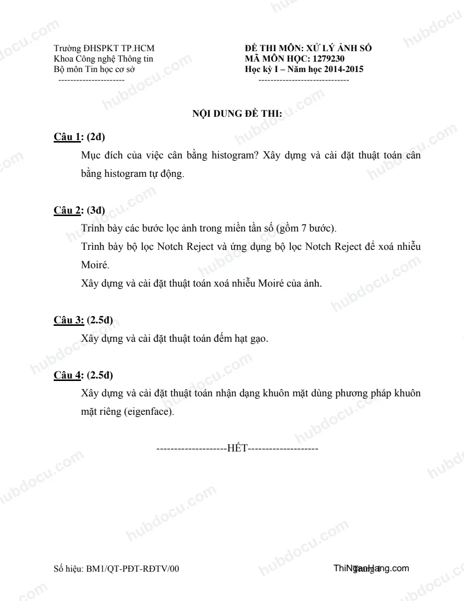Đề thi môn Xử lý ảnh số - Khoa CNTT