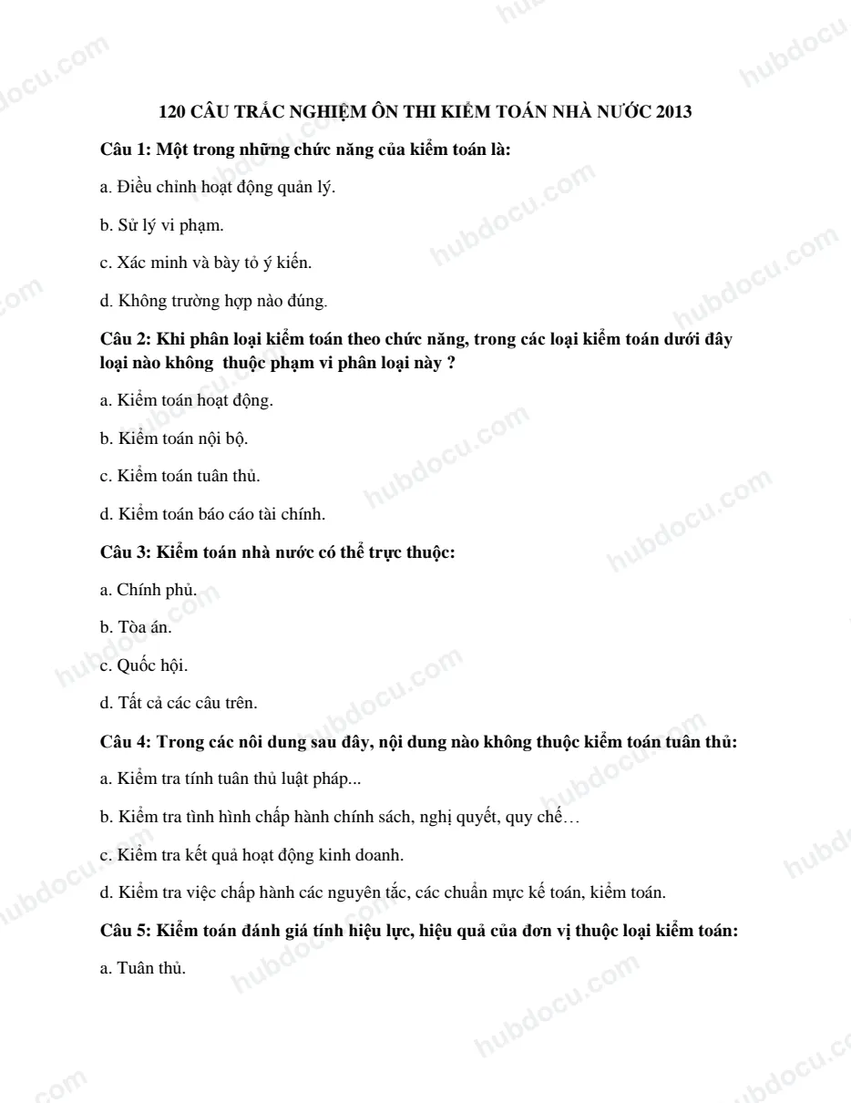 120 Câu trắc nghiệm ôn thi Kiểm toán Nhà nước 2013