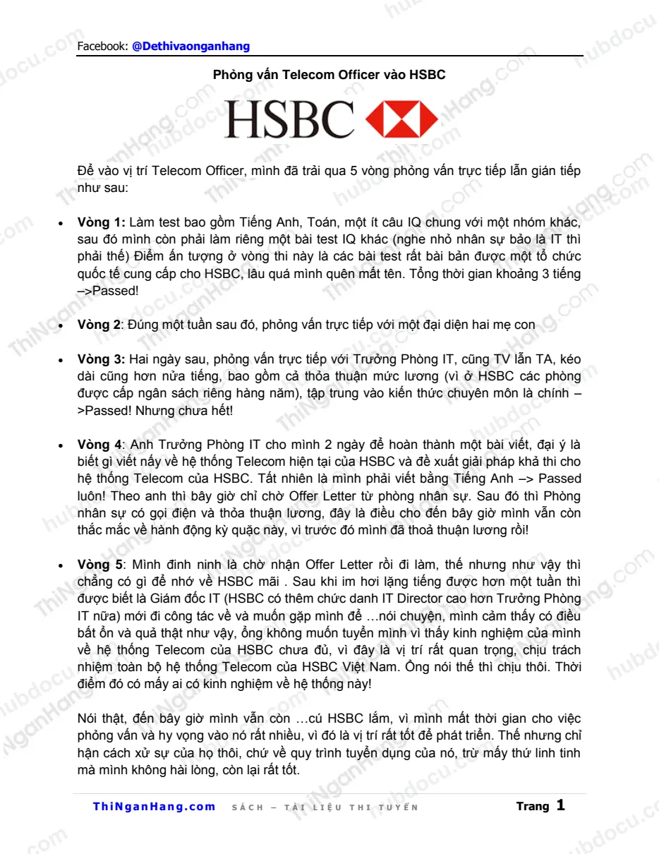 Phỏng vấn vị trí Telecom Officer vào HSBC