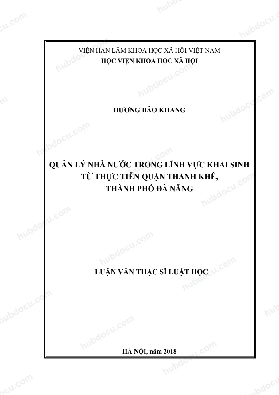Luận văn thạc sĩ luật học_ Quản lý nhà nước trong lĩnh vực khai sinh từ thực tiễn quận Thanh Khê, Đà Nẵng