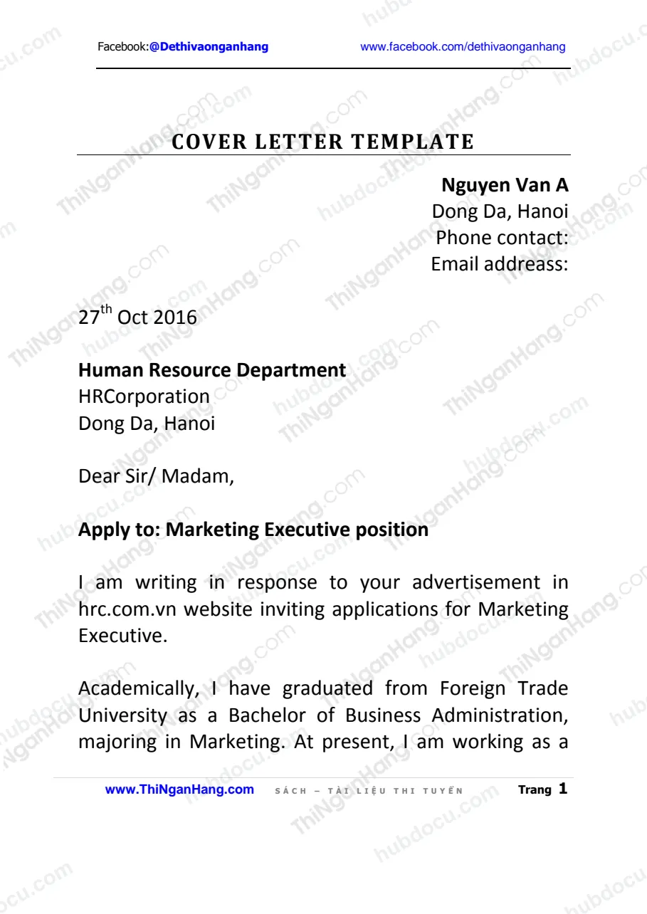 Mẫu Cover Letter tiếng Anh: Ngành Marketing