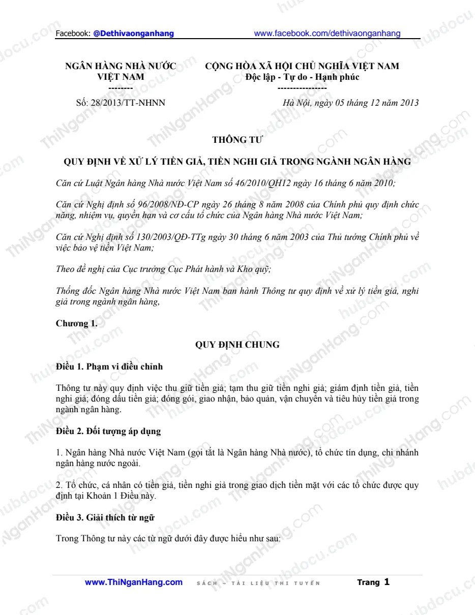 Quy định xử lý Tiền giả trong ngành ngân hàng - Thông tư 28-2013-TT-NHNN ngày 5-12-2013