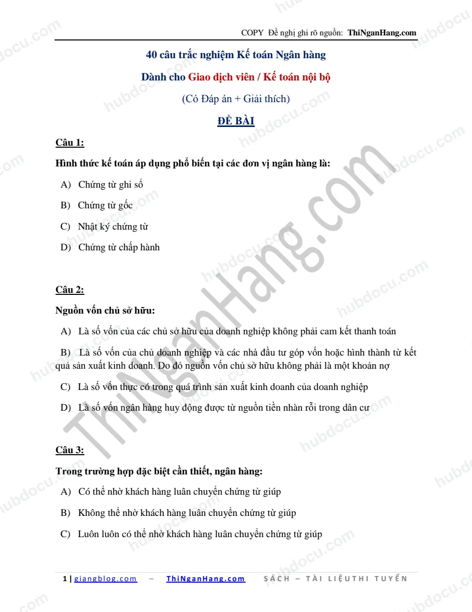 40 câu trắc nghiệm Kế toán ngân hàng (Vị trí GDV-Kế toán) (Có Đáp án)