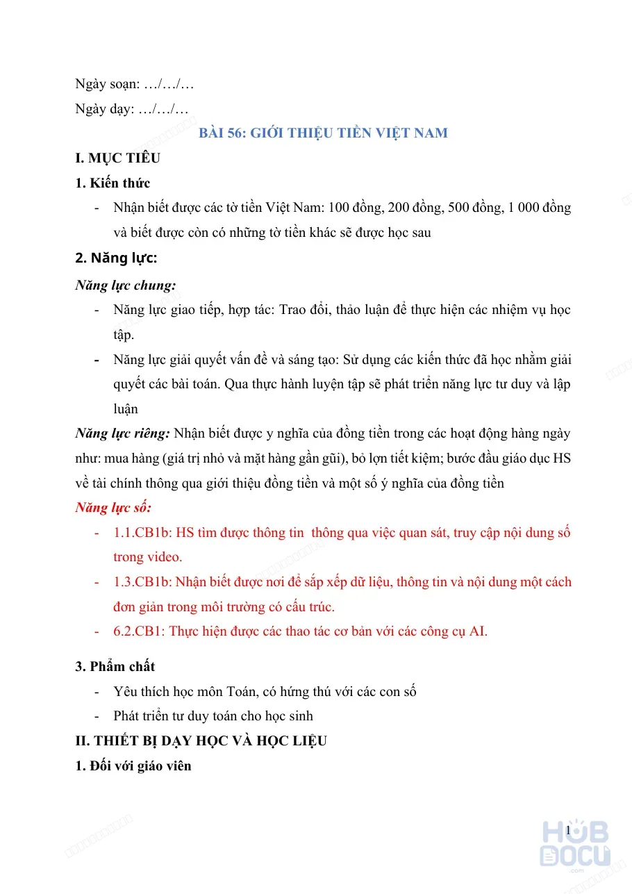 Giáo án Tích hợp năng lực số (Toán 2) - Bài 56. Giới thiệu Tiền Việt Nam