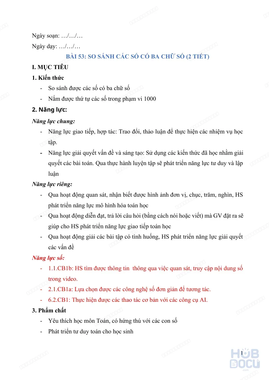 Giáo án Tích hợp năng lực số (Toán 2) - Bài 53. So sánh số có ba chữ số