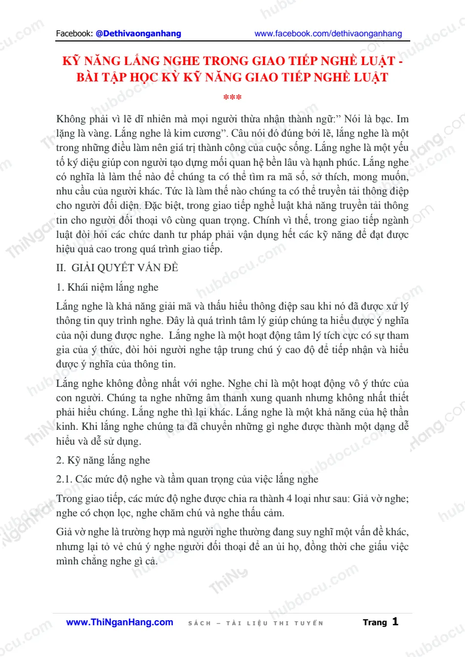 Kỹ năng lắng nghe trong giao tiếp nghề luật - Bài tập học kỳ Kỹ năng giao tiếp nghề luật