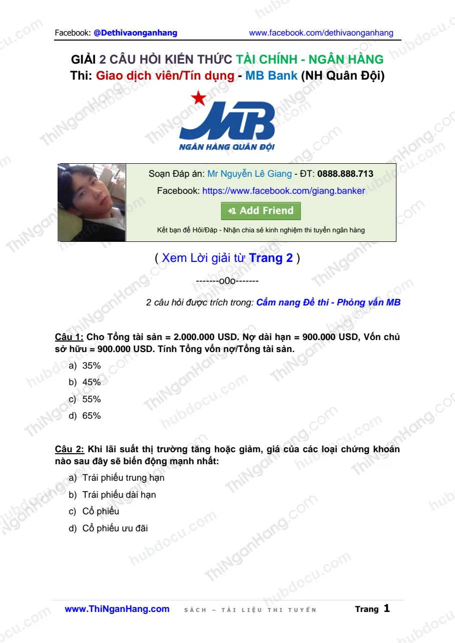 Giải 2 câu Kiến thức Tài chính Ngân hàng - Thi MB Bank (NH Quân đội)