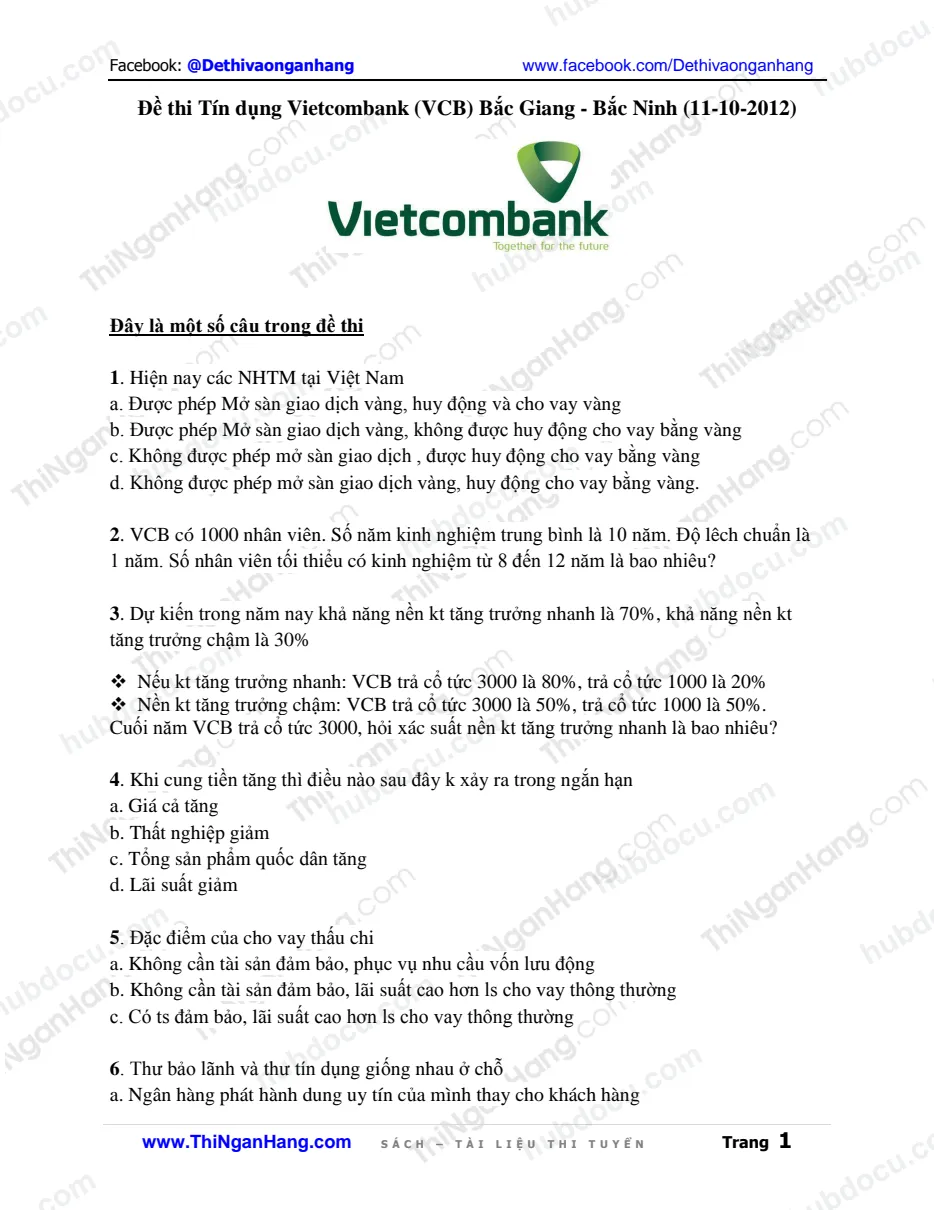 Đề thi Tín dụng Vietcombank (VCB) Bắc Giang - Bắc Ninh (11-10-2012)
