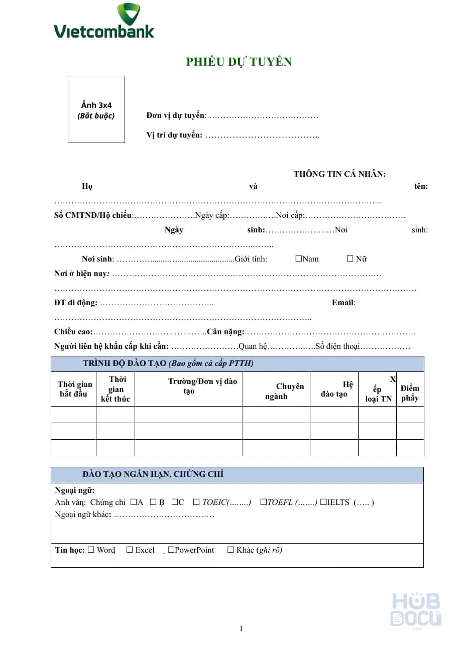 Phiếu dự tuyển Vietcombank 2026 (VCB)