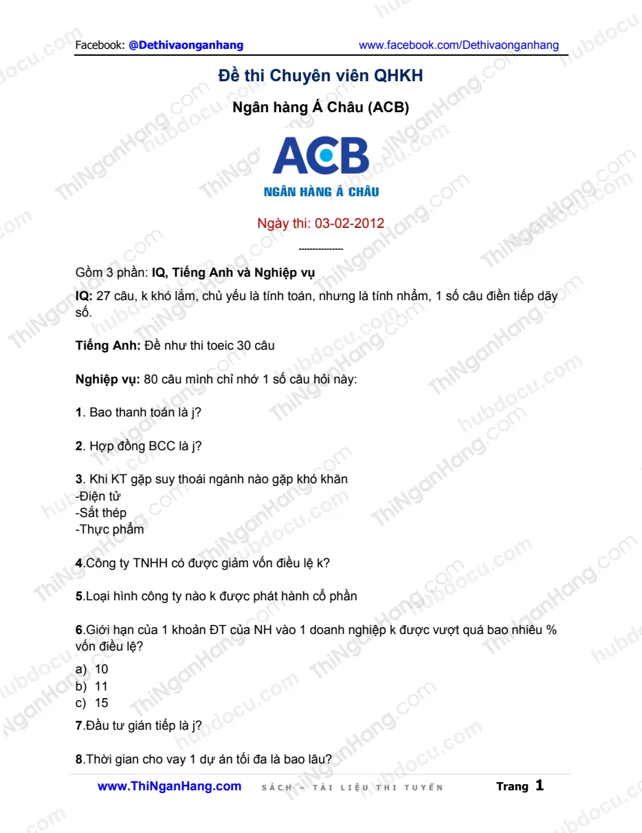 Đề thi CV Quan hệ khách hàng ACB (3-2-2012)
