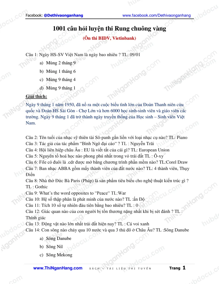 1001 câu hỏi thi Rung chuông vàng - Ôn thi BIDV, Vietinbank