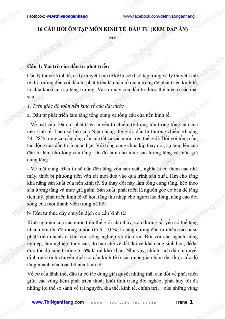 16 Câu hỏi ôn tập môn Kinh tế Đầu tư (kèm Đáp án)