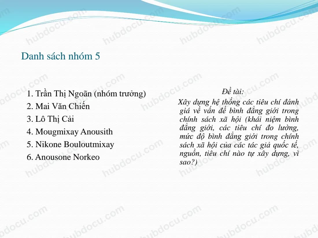 Slide - Bài tập nhóm môn Chiến lược và KH PT KTXH - Xây dựng hệ thống tiêu chí đánh giá về vấn đề bình đẳng giới
