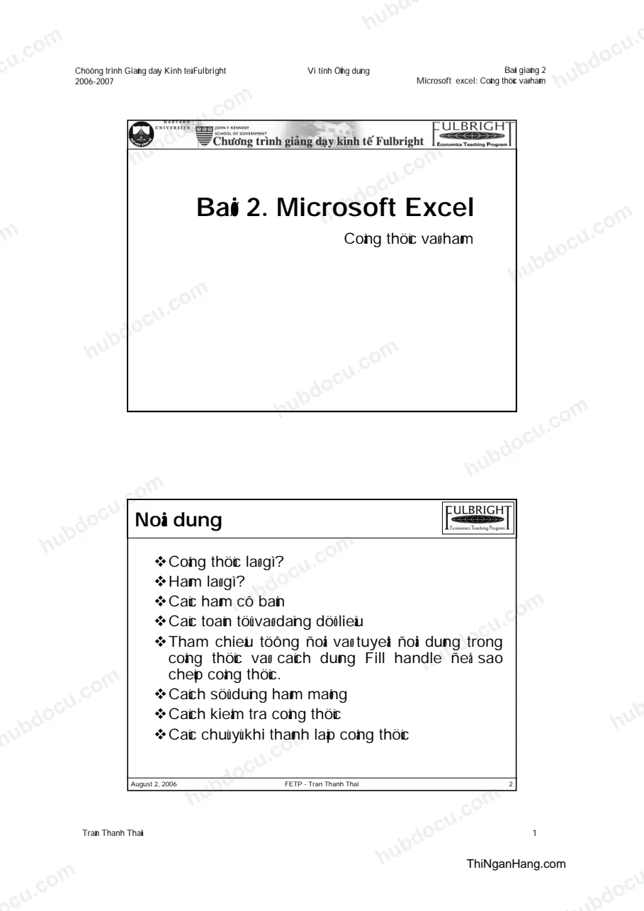 Excel - Công thức và Hàm (Chương trình giảng dạy kinh tế Fullbright)