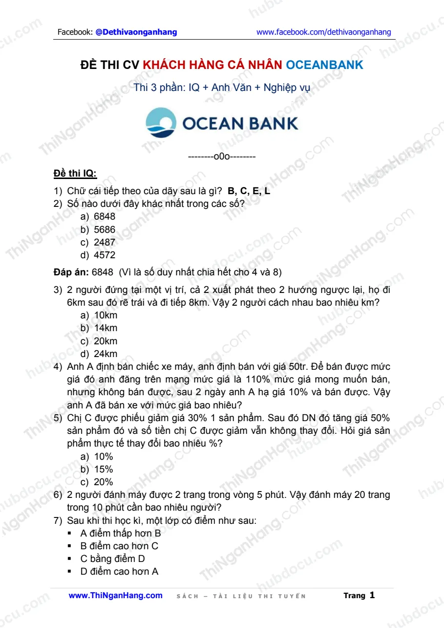 Đề thi CV Khách hàng cá nhân Oceanbank (1-7-2012)