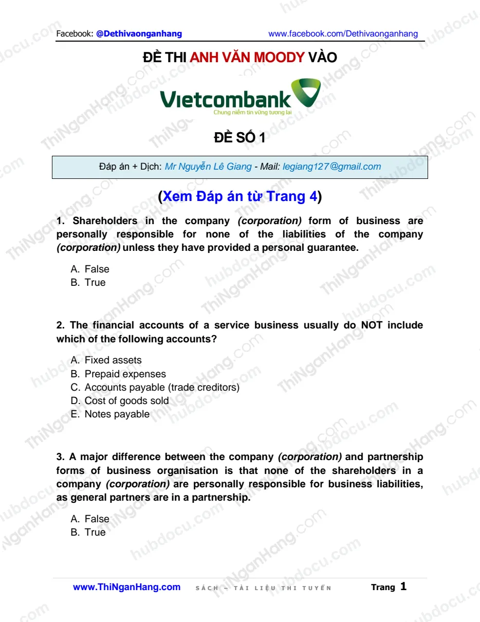 Đề thi Anh Văn Moody Vietcombank - Đề số 1 (kèm Đáp án và Giải thích)