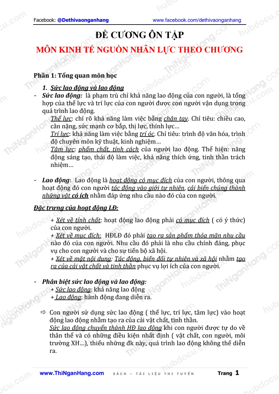 Đề cương ôn tập môn Kinh tế Nguồn nhân lực (KTNNL) theo Chương