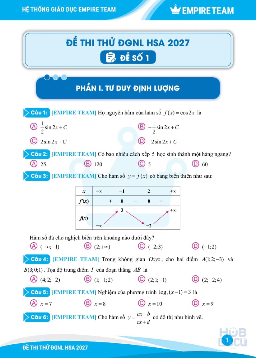 Đề thi thử ĐGNL HSA số 1 - File HS in