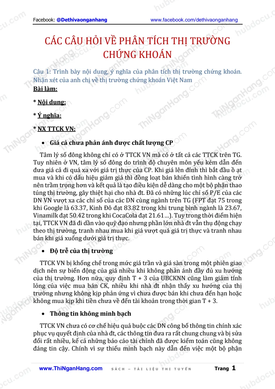 4 câu hỏi về phân tích Thị trường chứng khoán (kèm Trả lời)