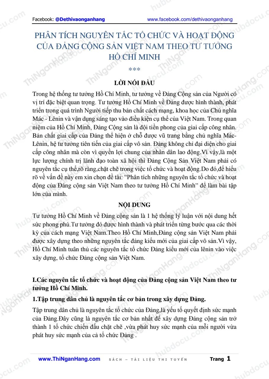 Phân tích nguyên tắc tổ chức và hoạt động của Đảng cộng sản Việt Nam theo tư tưởng Hồ Chí Minh