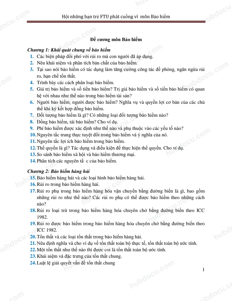 Đề cương 102 câu hỏi ôn thi Bảo hiểm trong kinh doanh