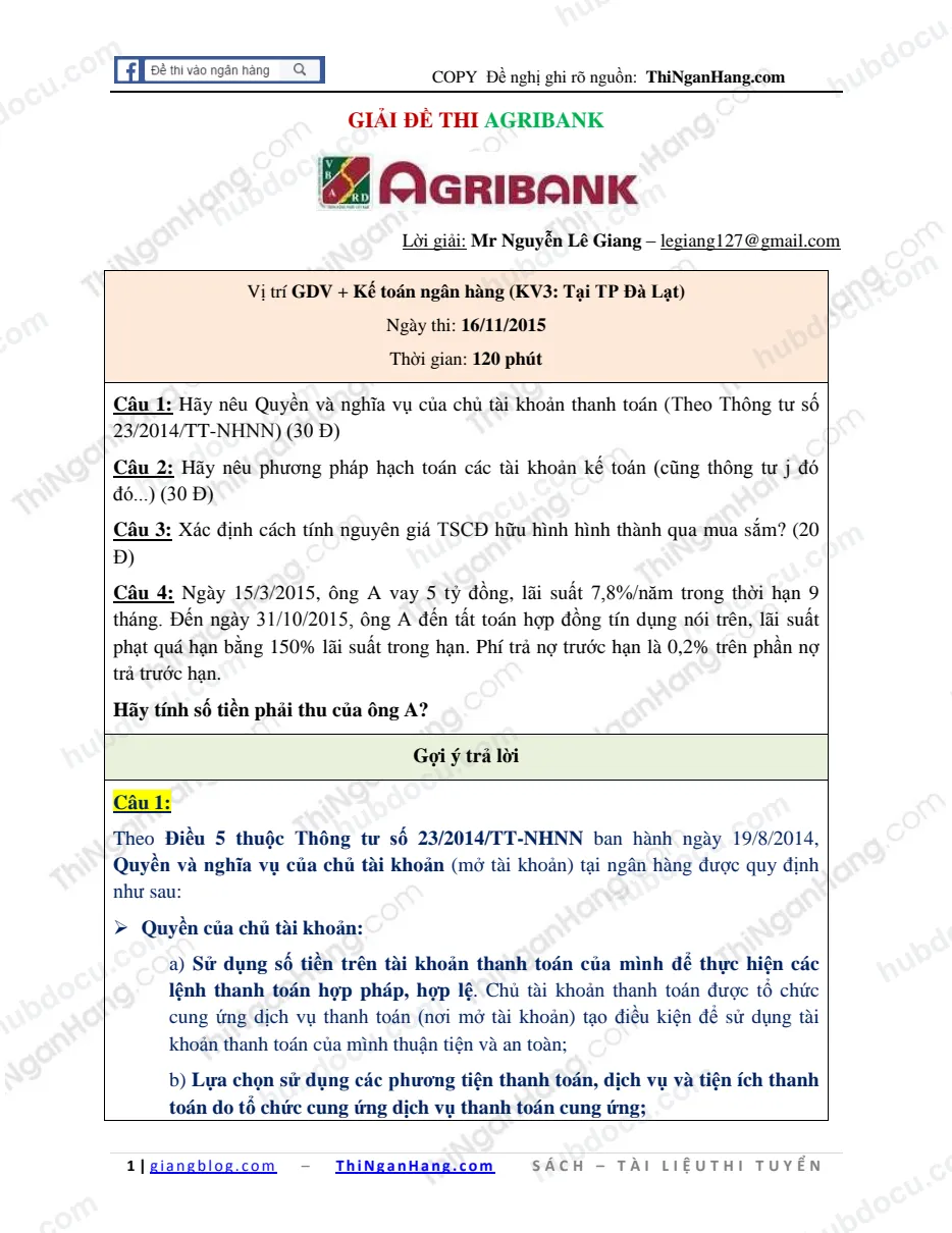 Giải đề thi GDV Kế toán ngân hàng Agribank 16-11-2015 (KV3 - Đà Lạt)