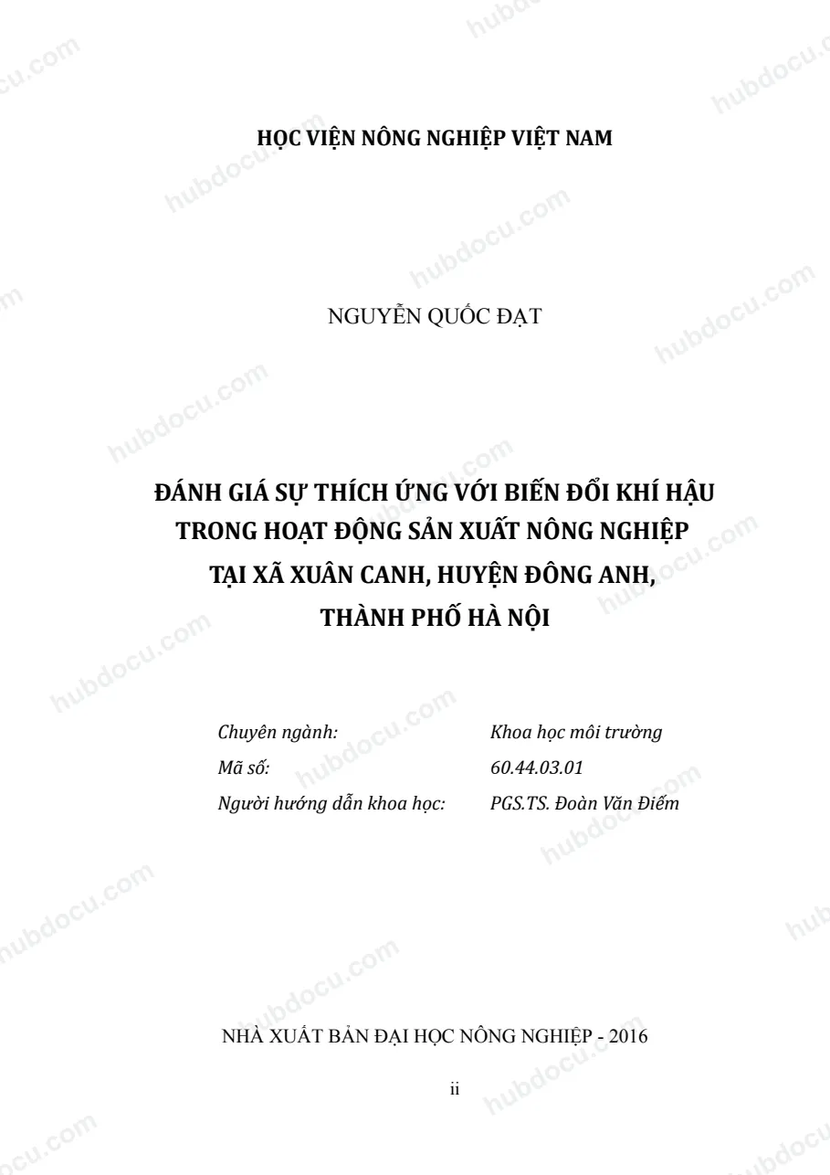 Khoá luận_ Đánh Giá Sự Thích Ứng Với Biến Đổi Khí Hậu Trong Hoạt Động Sản Xuất Nông Nghiệp Tại Xã Xuân Canh, Huyện Đông Anh, Hà Nội