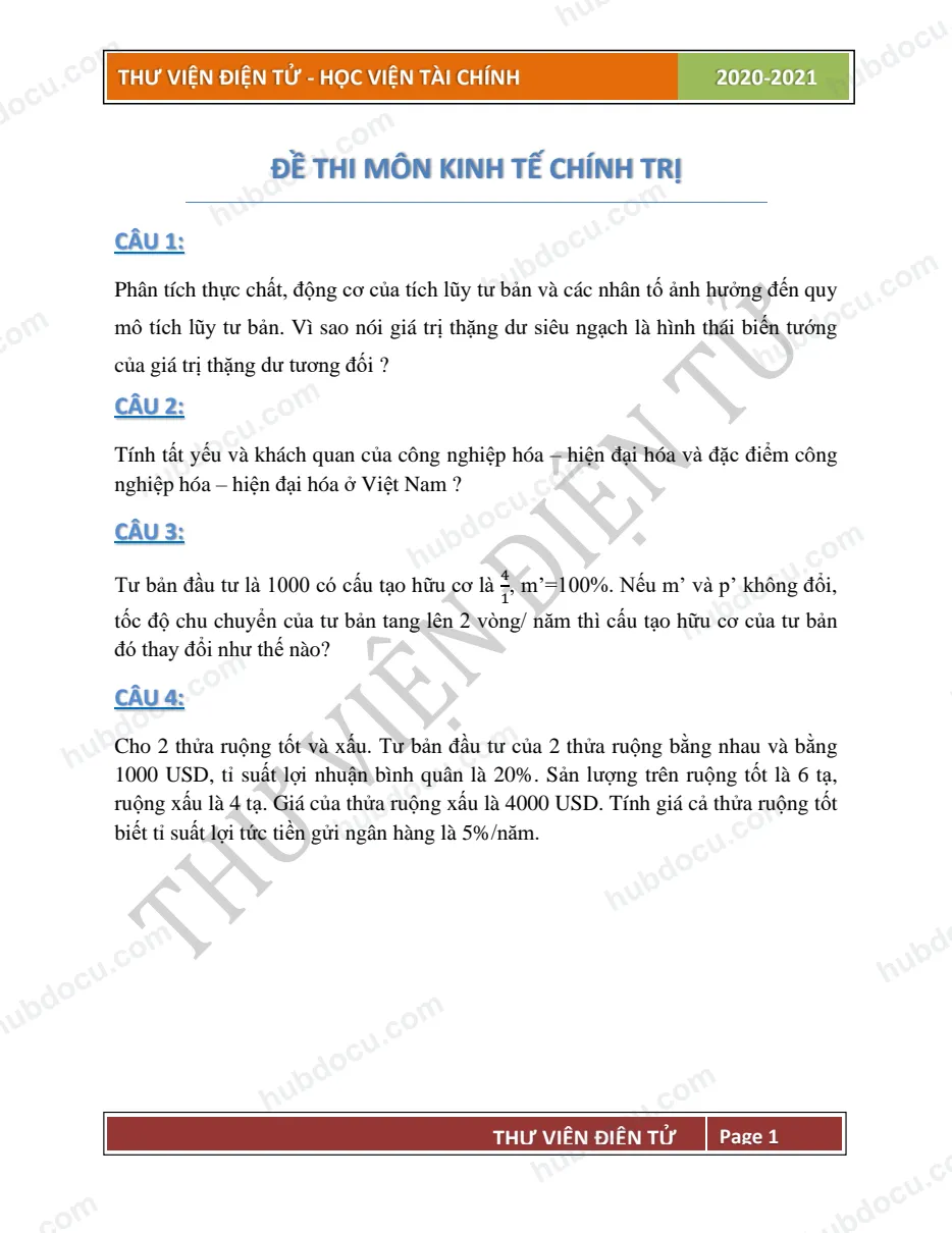 Đề thi môn Kinh tế chính trị