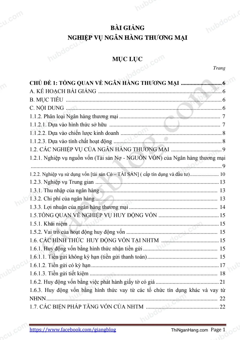 Bài giảng nghiệp vụ Ngân hàng thương mại (NHTM) - 144 trang