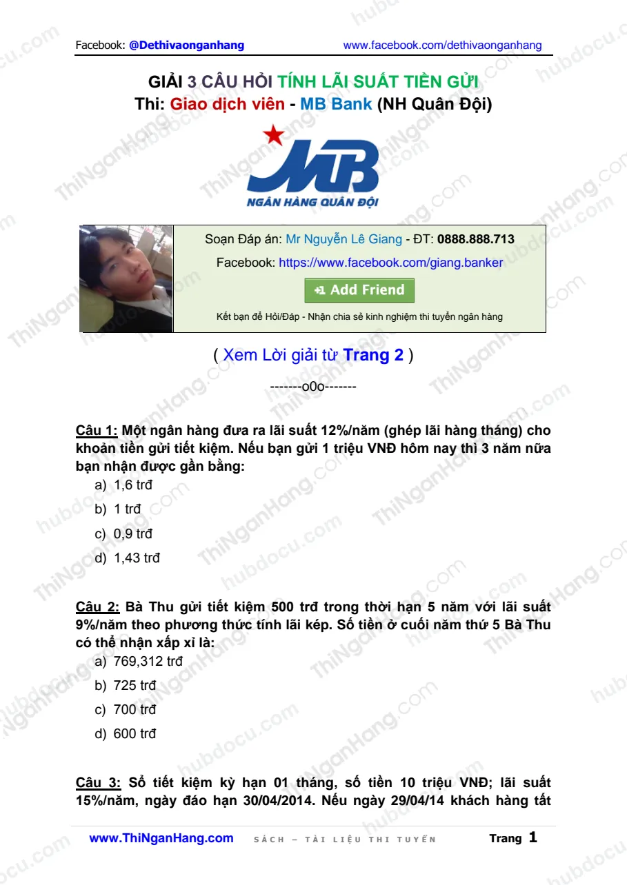 Giải 3 Câu hỏi tính lãi suất tiền gửi - Thi Giao dịch viên MB Bank (NH Quân đội)