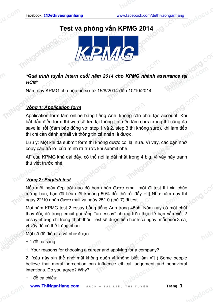 Test và phỏng vấn vào Kiểm toán KPMG 2014
