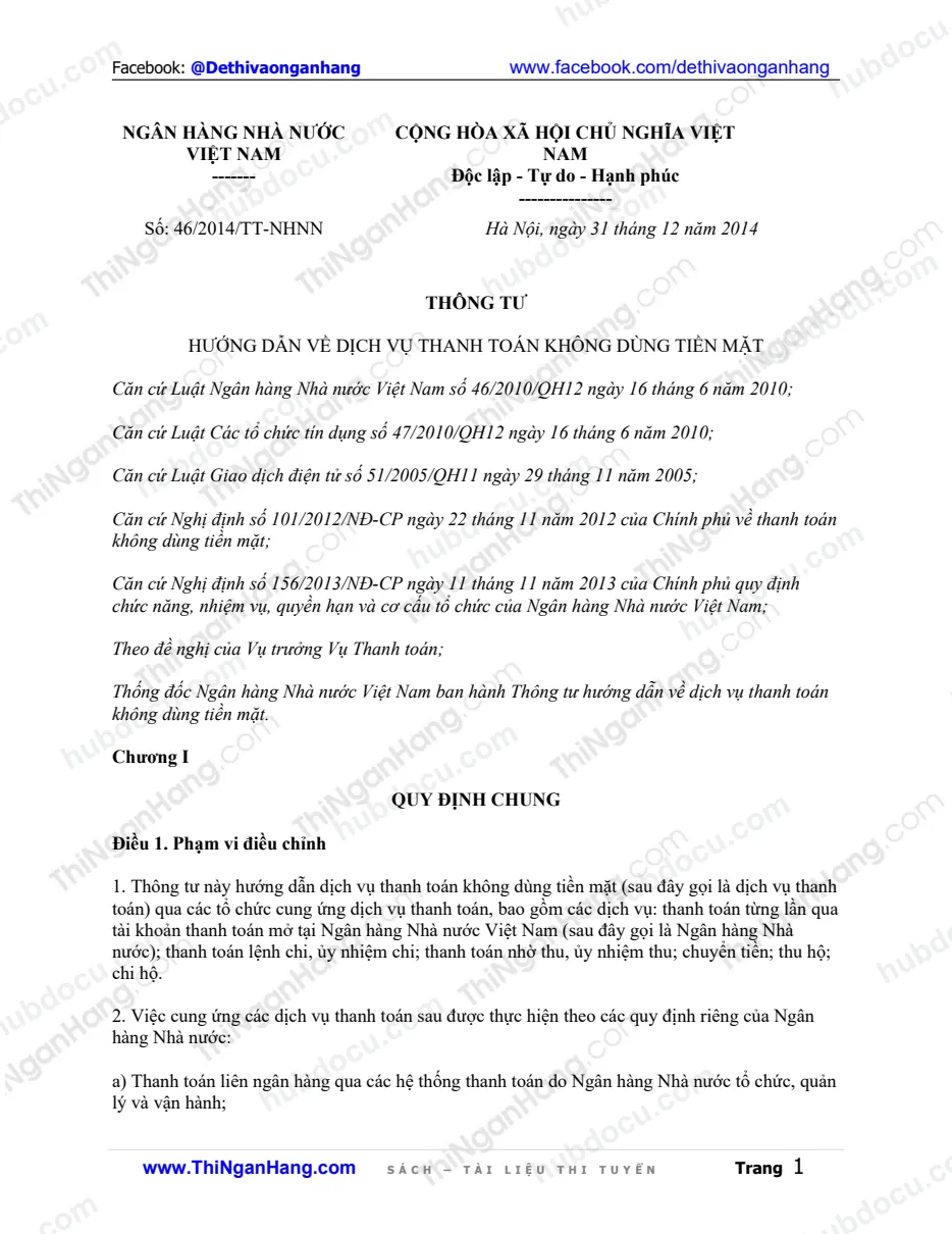 Thông tư 46-2014-TT-NHNN - Hướng dẫn về dịch vụ Thanh toán không dùng tiền mặt