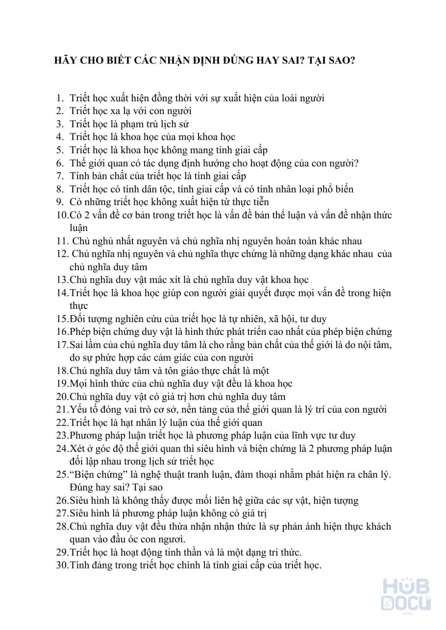 List câu hỏi nhận định Triết học Đúng Sai (có giải thích)