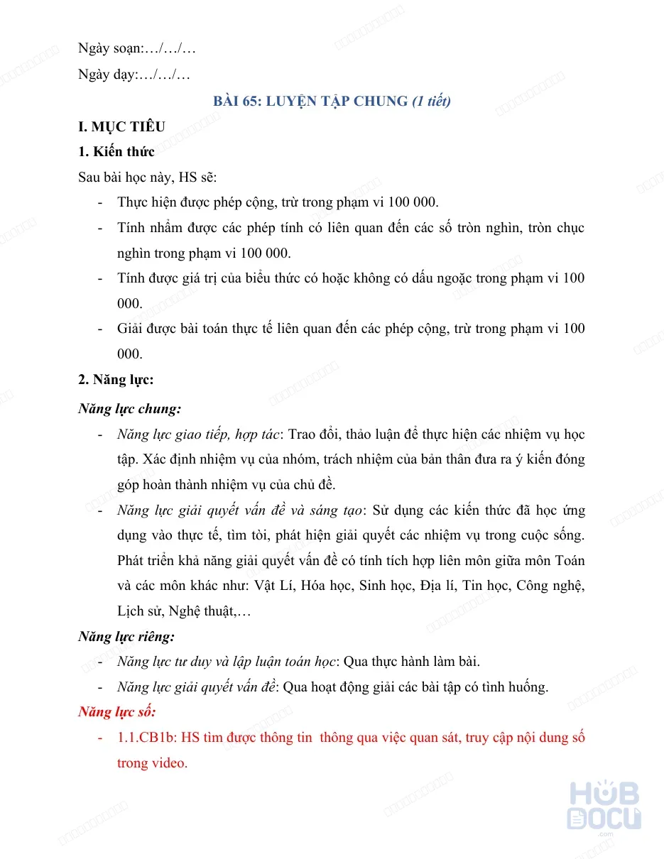 Giáo án Tích hợp năng lực số (Toán 3-HK 2) - Bài 65. Luyện tập chung Phép cộng, phép trừ