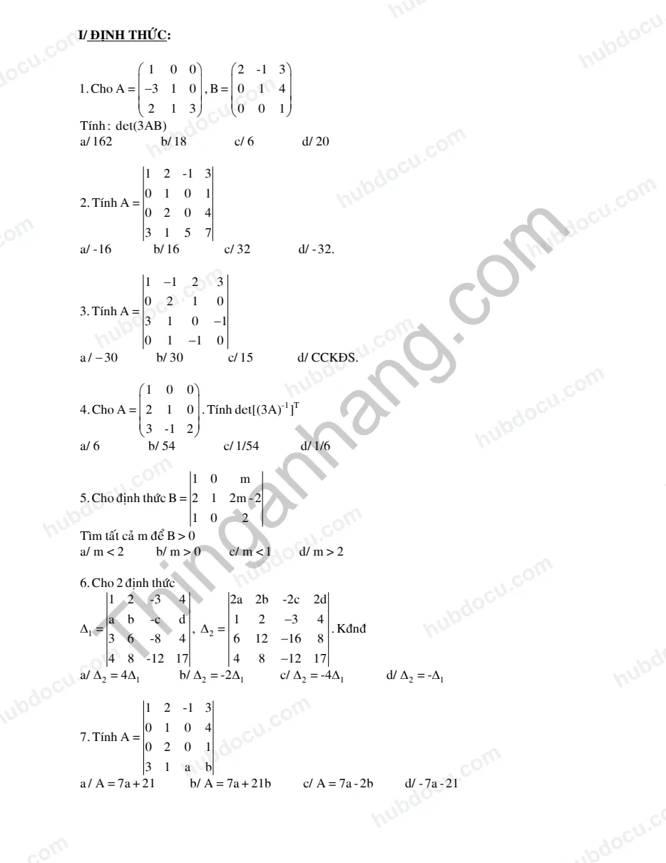 Trắc nghiệm Đại số tuyến tính (Có Đáp án)