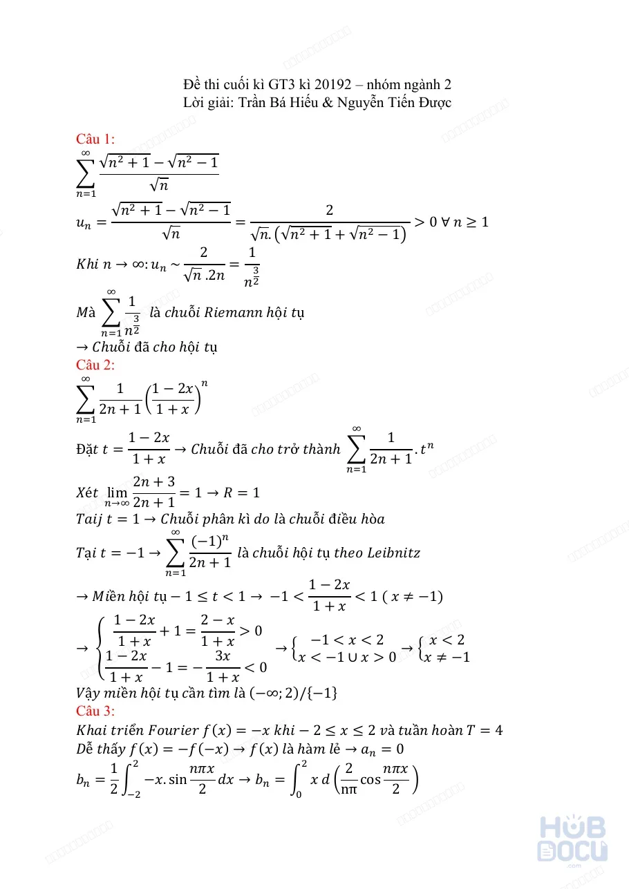 Đề thi Cuối kỳ Giải tích 3 (HUST) 20192 nhóm 2