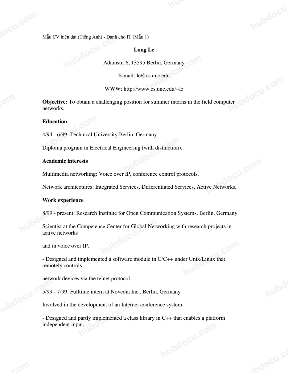 Mẫu CV hiện đại (bằng tiếng Anh) - Dành cho IT
