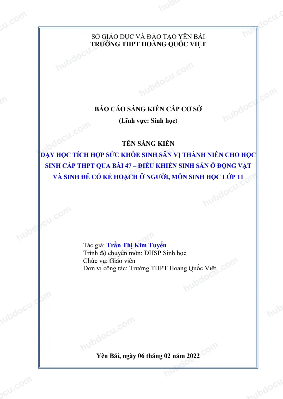 Báo cáo sáng kiến Dạy học tích hợp giáo dục sức khoẻ vị thành niên cho học sinh cấp THPT qua bài 47 sinh học 11 cơ bản