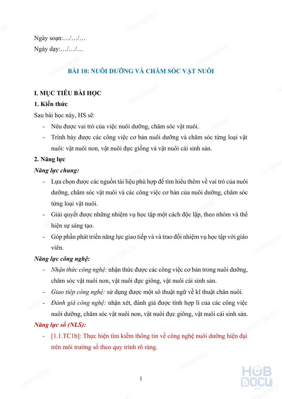 Giáo án Năng lực số (Công nghệ 7) - Bài 10.Nuôi dưỡng và chăm sóc vật nuôi